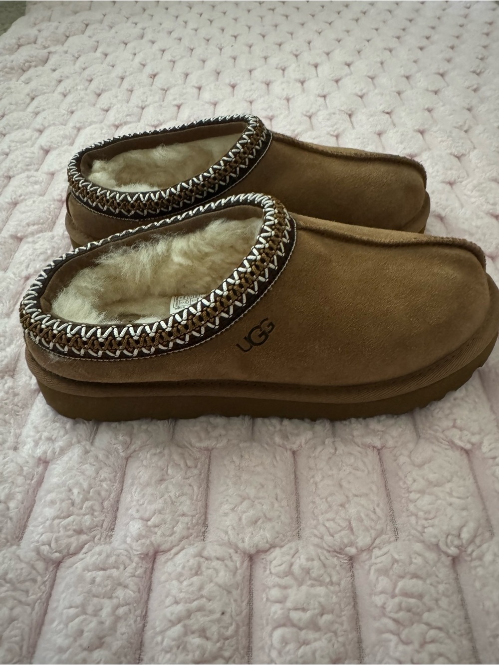 UGG Chestnut Suede Shearling Slip-On Clogs with Braided Trim